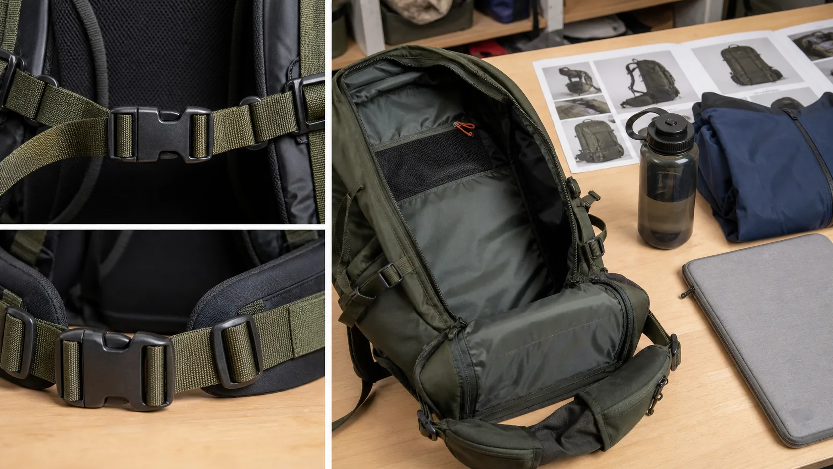登山背包扣具连接关系和容量参照物复盘工作台