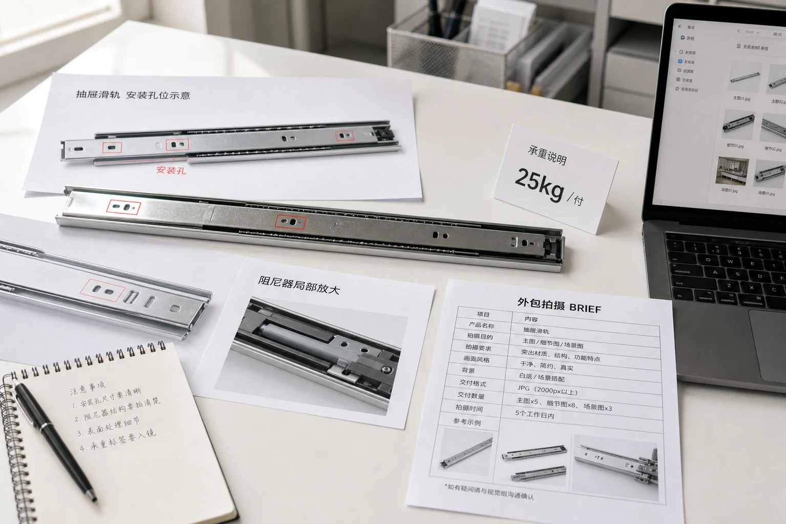 抽屉滑轨商品图外包标注工作台展示安装孔阻尼器承重标和轨道层级