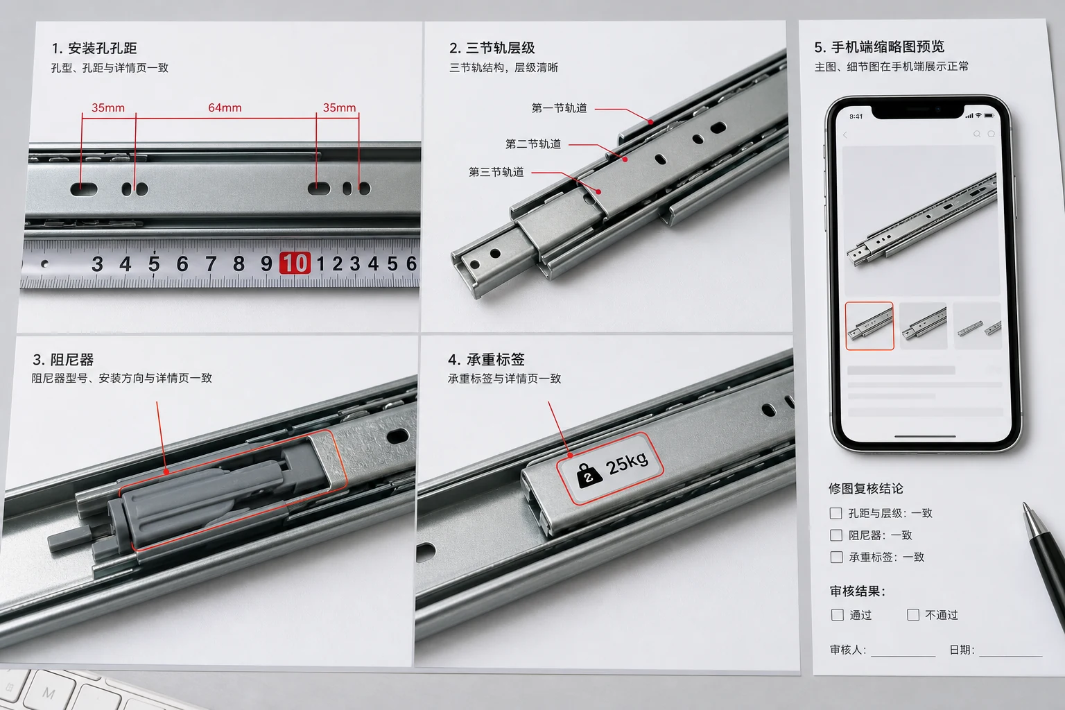 抽屉滑轨安装孔轨道层级阻尼器和承重标签的局部复核板
