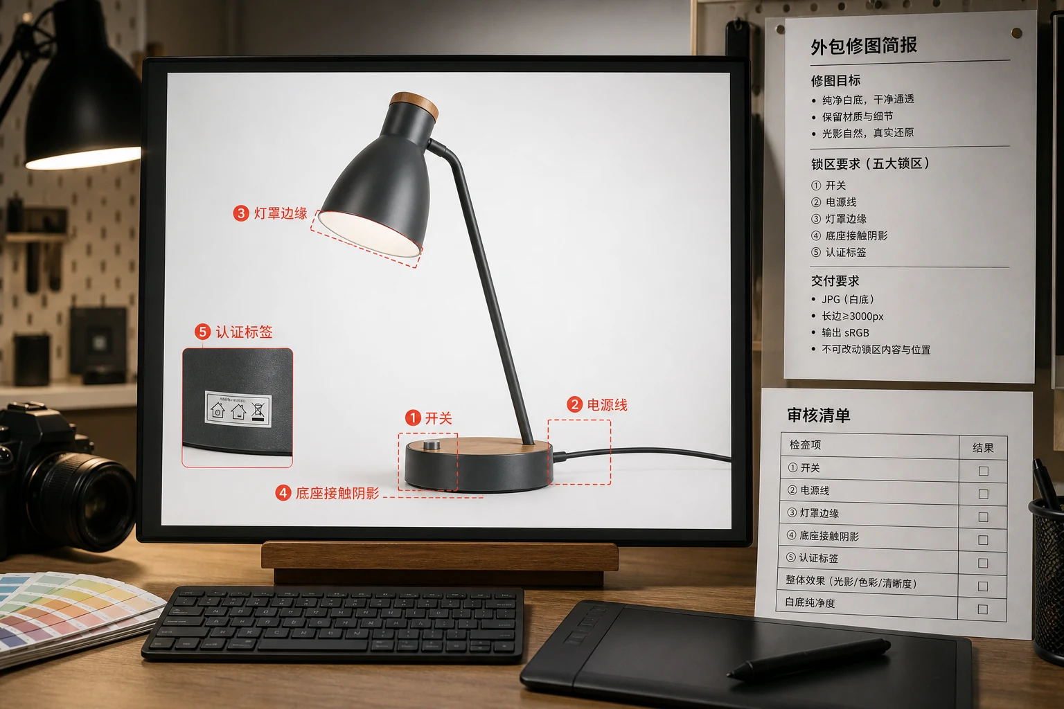 台灯商品图外包标注工作台展示开关线缆灯罩底座和认证标五个锁定区
