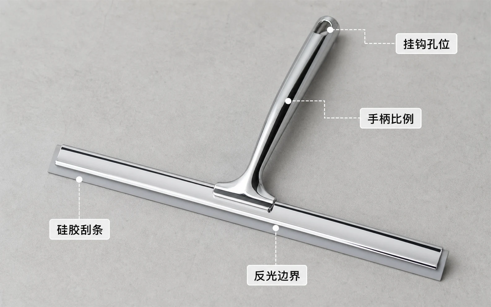 浴室玻璃刮商品图四区返检图，标出刮条、手柄、挂钩和反光边
