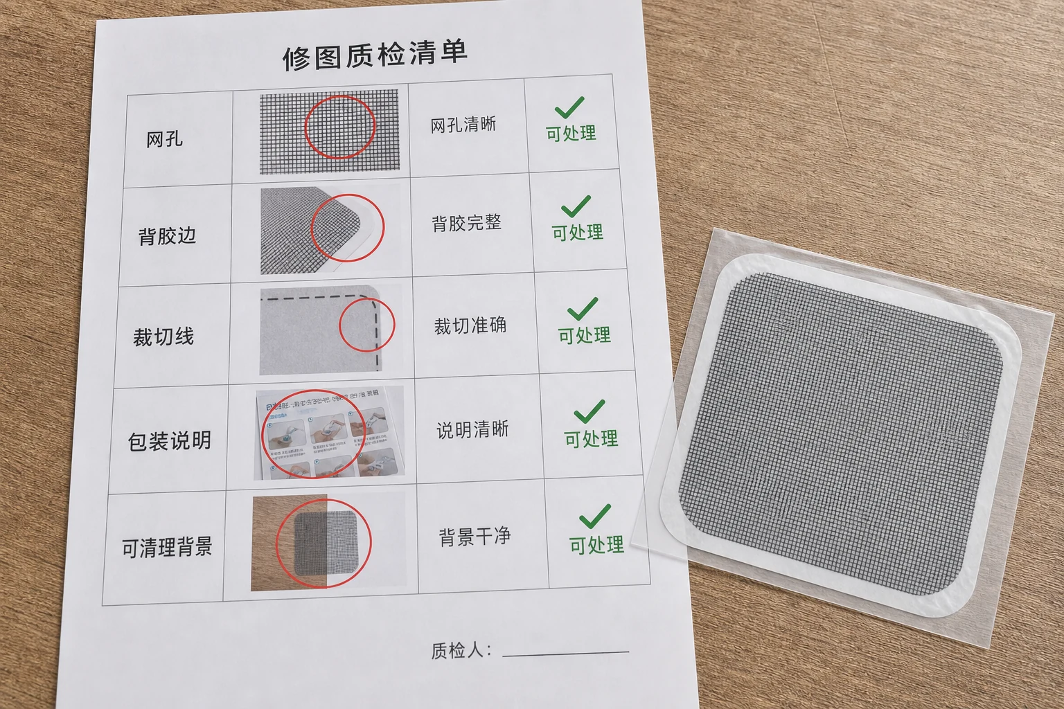 纱窗修补贴修图禁改区清单板，列出网孔、背胶边、裁切线和包装说明
