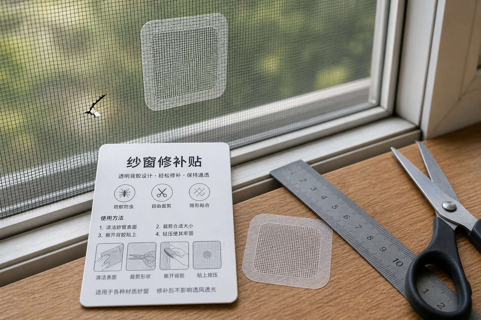 纱窗小破洞上贴着带背胶边的修补贴，旁边有裁切尺和包装说明