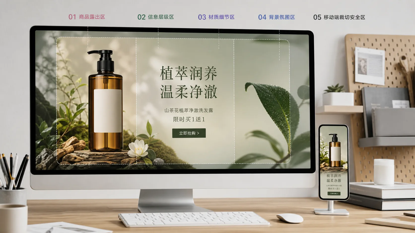 店铺首页首屏图在工作台上被分成商品露出、信息层级、背景氛围和移动端裁切区域