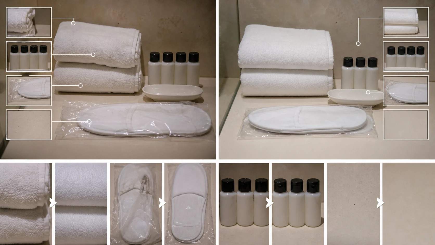 毛巾折痕、拖鞋包装和一次性用品局部对比板，展示可清理灰尘与必须保留的数量证据