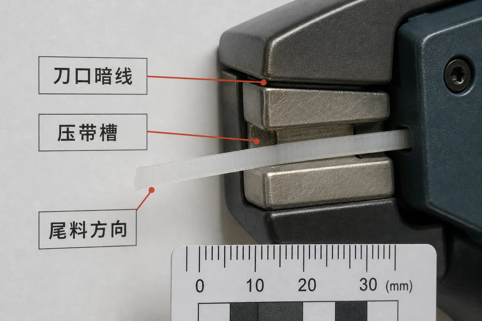 扎带枪切刀口 压带槽和扎带尾料方向的检查图