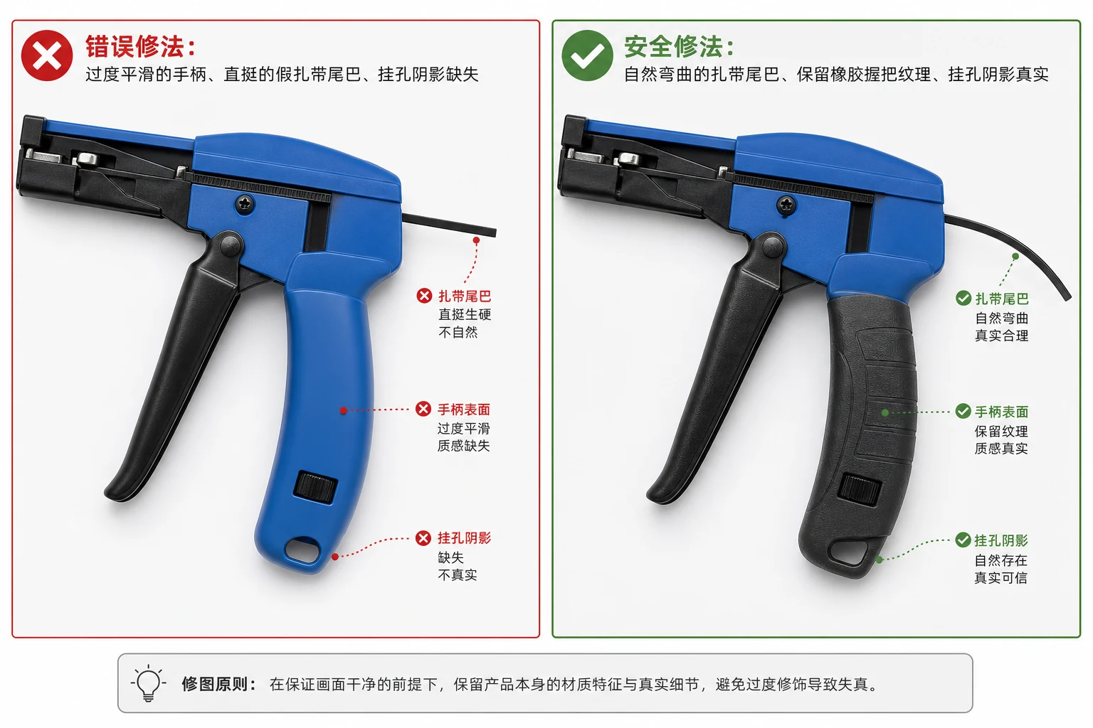 扎带枪错误修法和安全修法的左右对比图