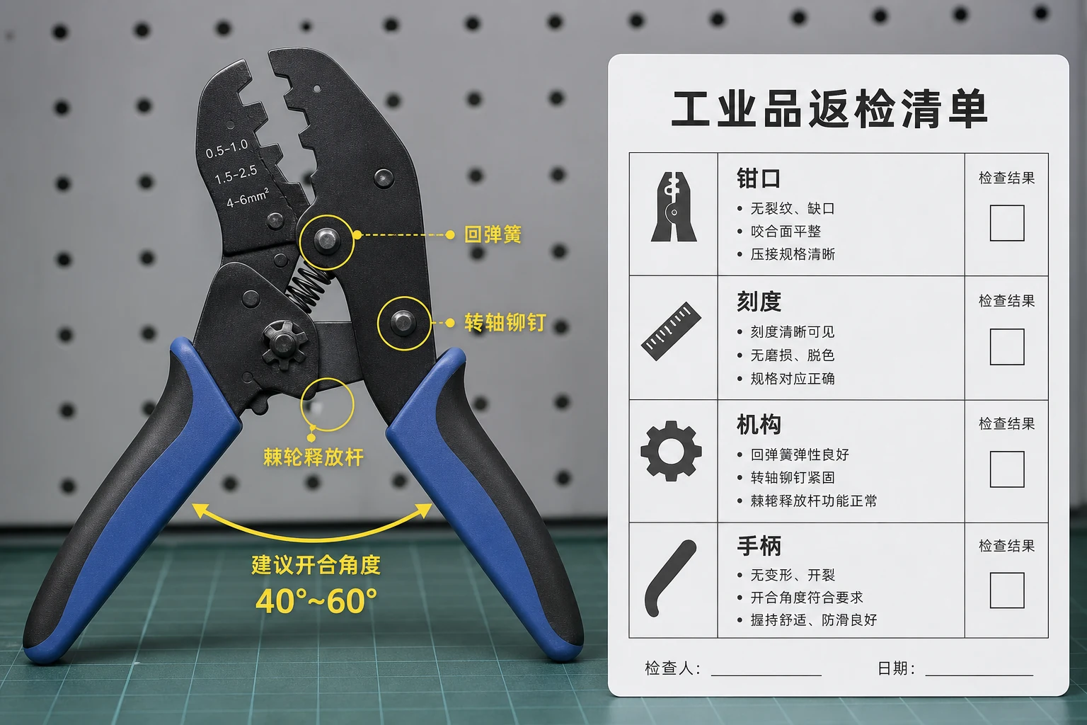 压线钳回弹簧、转轴铆钉、棘轮释放杆和手柄开合角度的返检清单板