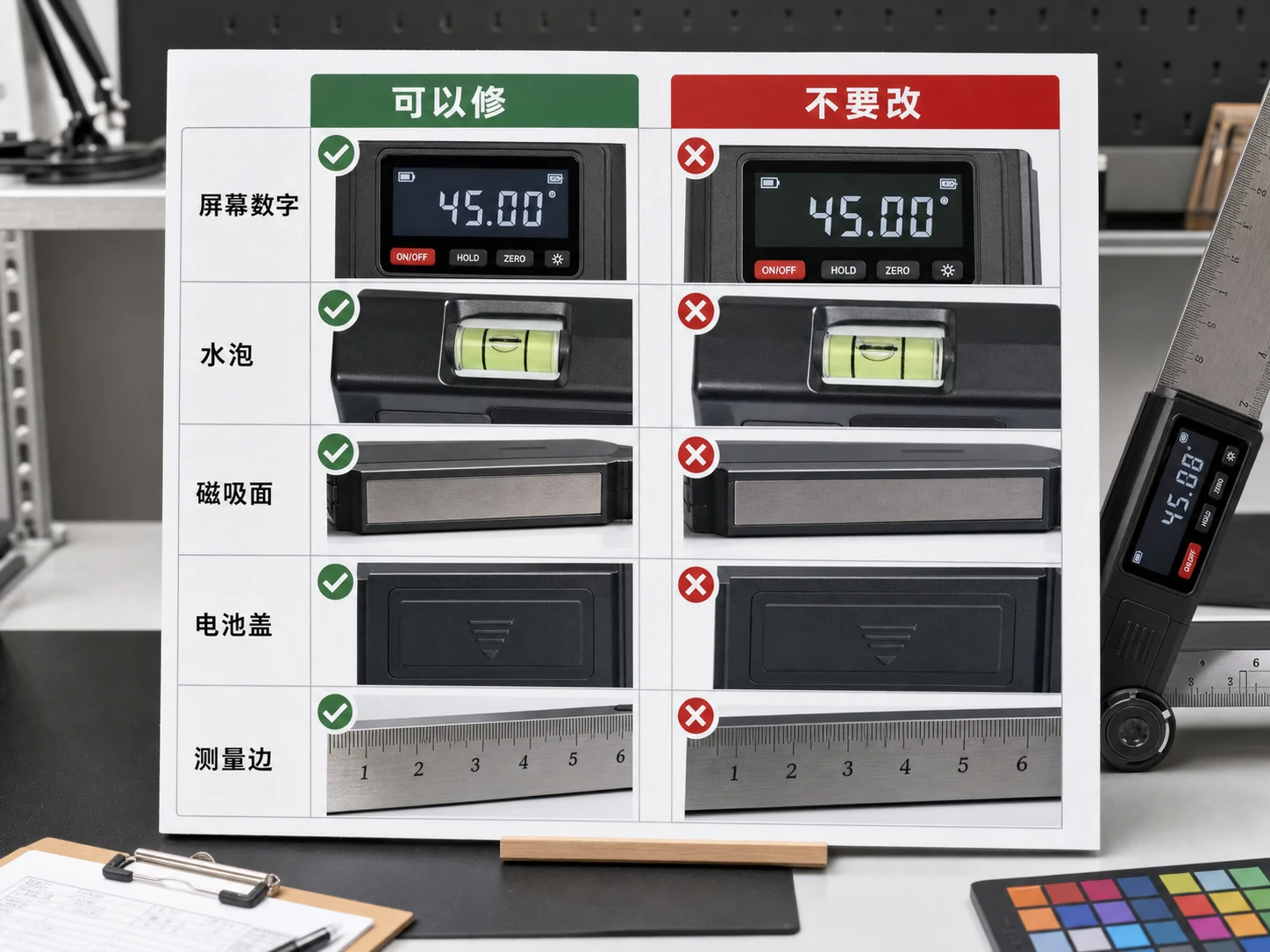 数显角度尺修图 brief 检查板展示可修和禁改规则