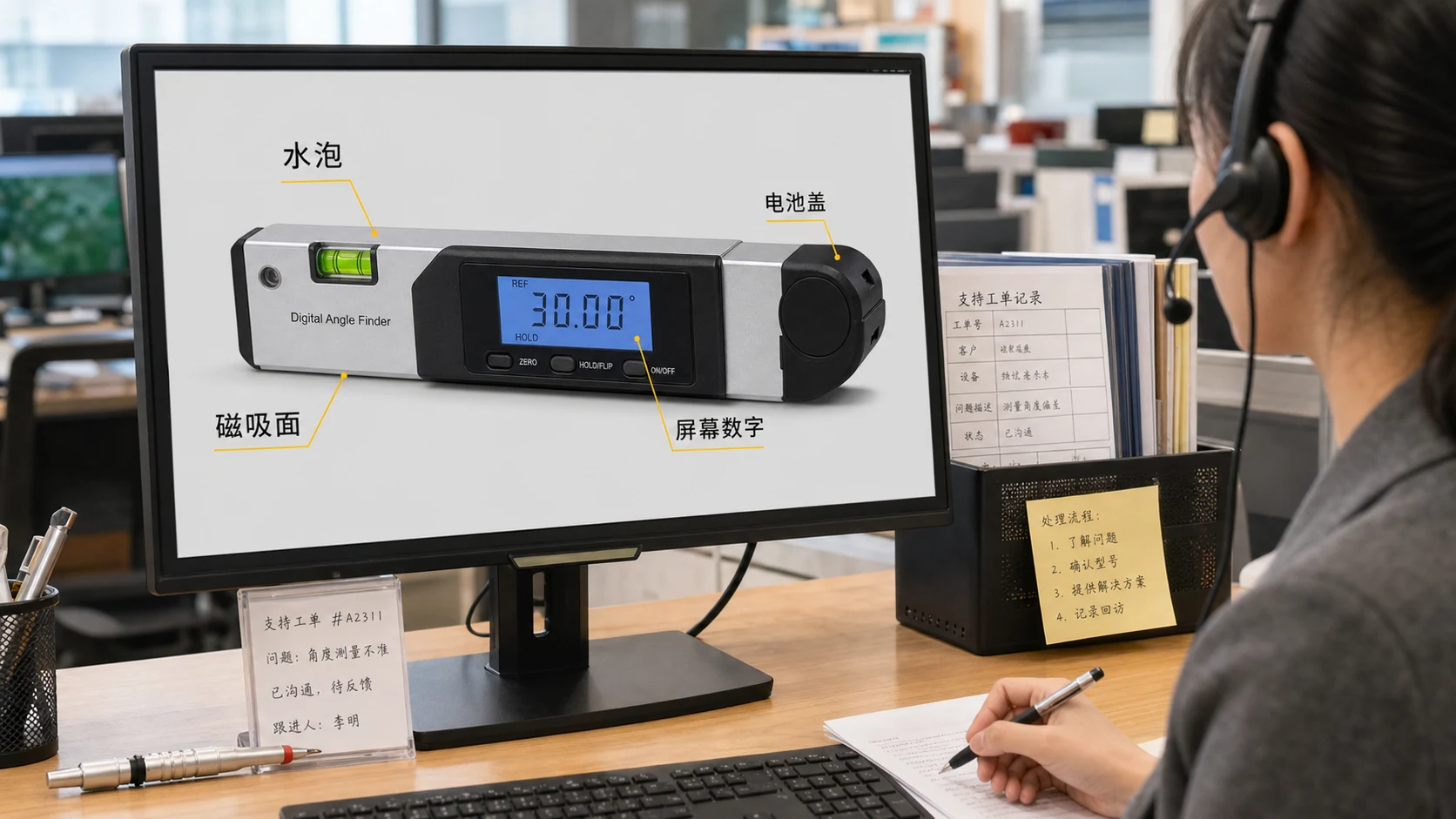 工业品客服桌面上的数显角度尺商品图标注水泡磁吸面电池盖和屏幕