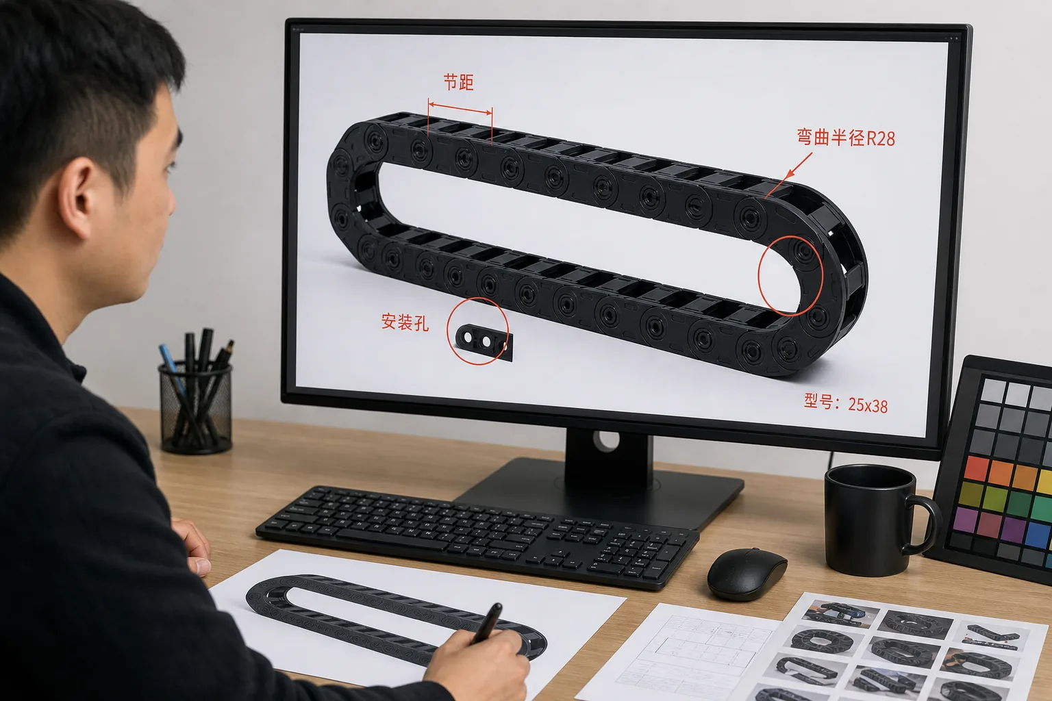 工业品修图工作台上展示电缆拖链主图和退回批注，圈出链节间距、弯曲半径、端部安装孔和型号标