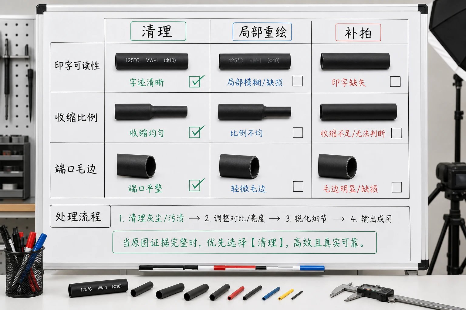 热缩管商品图局部展示规格印字端口毛边和不同管径比例