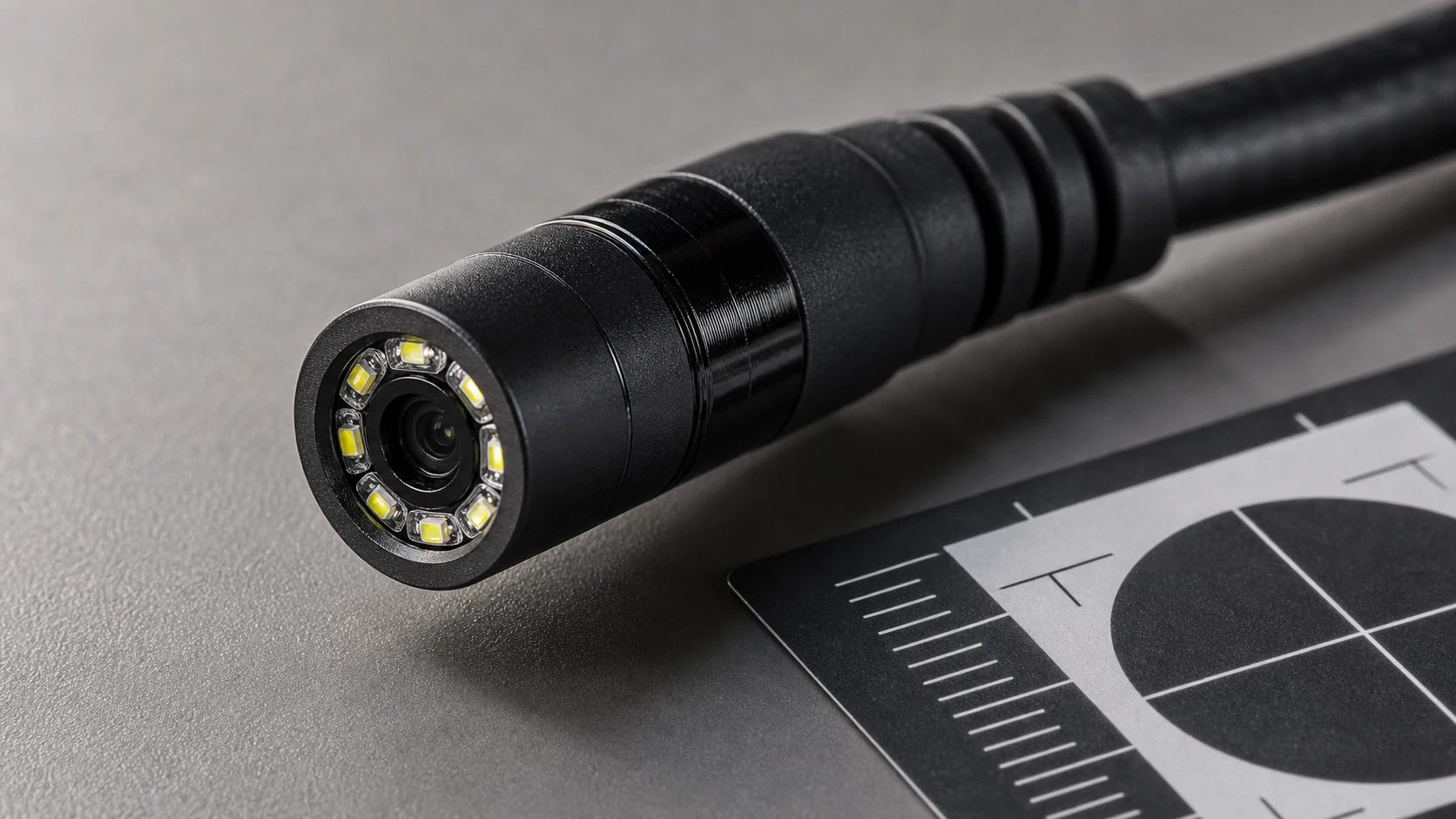 工业内窥镜探头端部局部特写展示镜头孔保护圈和 LED 灯环