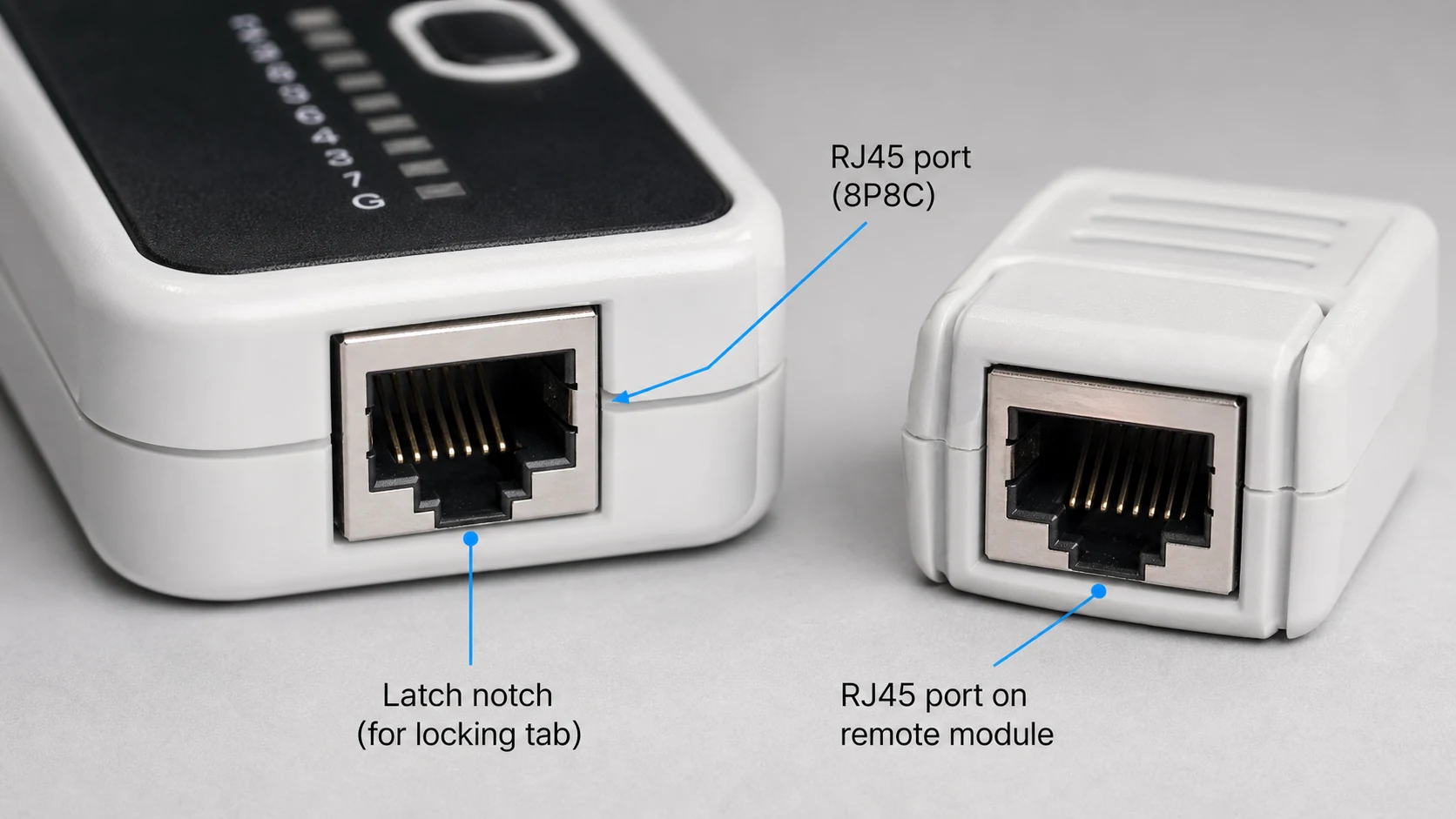 网线测试仪 RJ45 接口和远端模块结构细节图