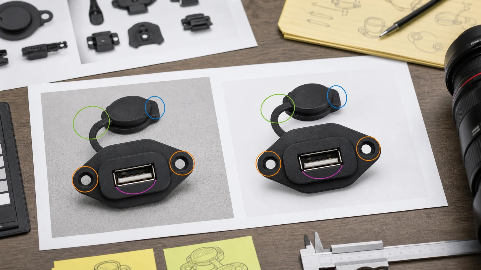 面板安装 USB 防尘盖修图工作台，圈出胶链、孔位、盖帽厚度和接口阴影