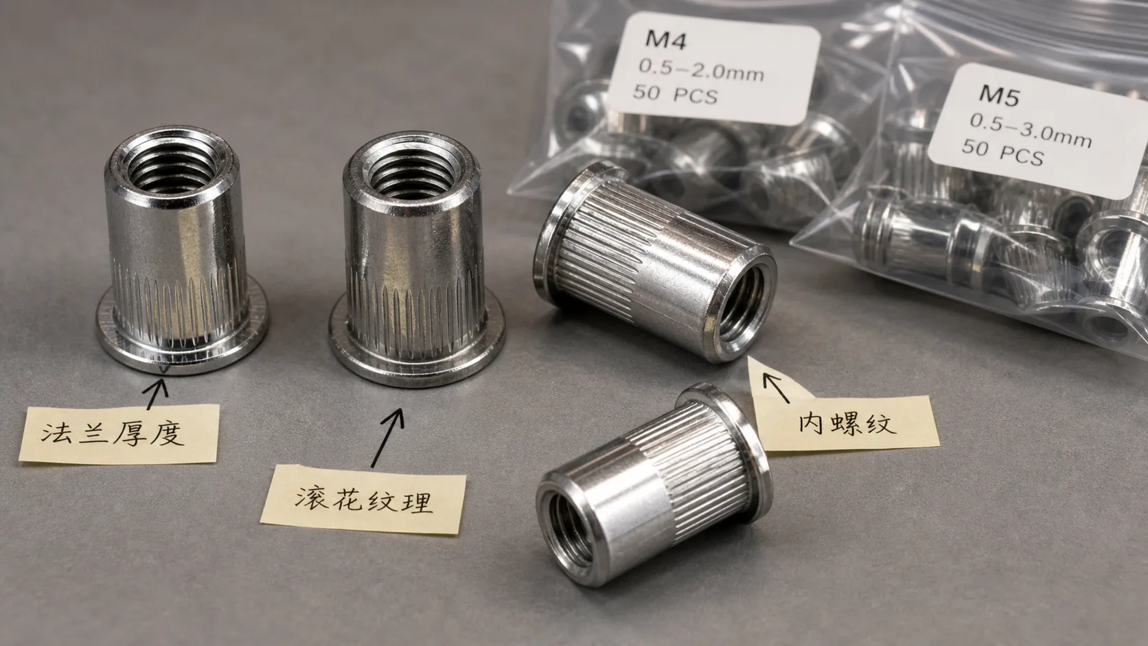 拉铆螺母法兰滚花内螺纹和规格袋标的局部证据特写
