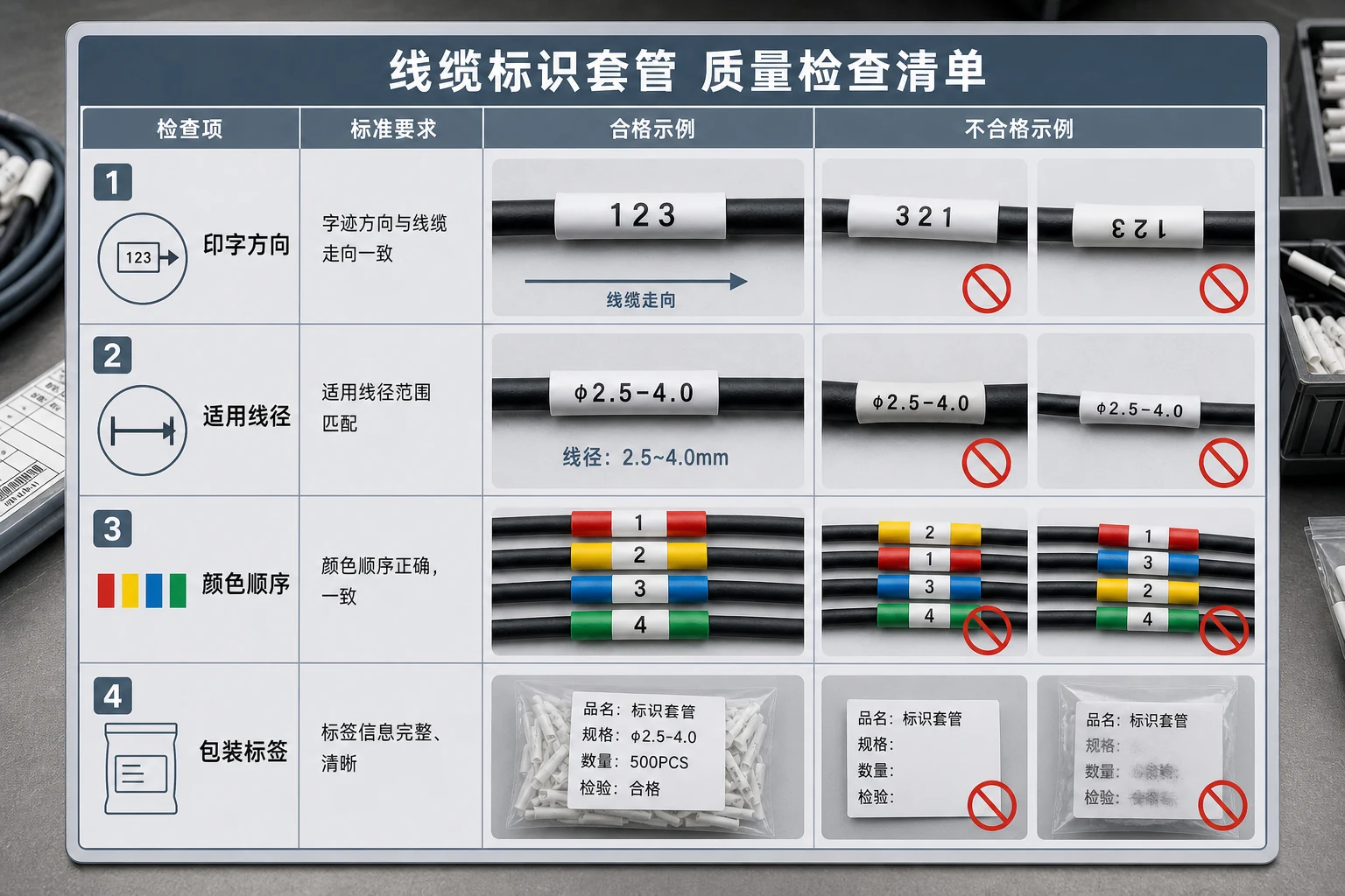 线号管商品图上线前的售后检查板包含印字方向线径颜色和包装标签