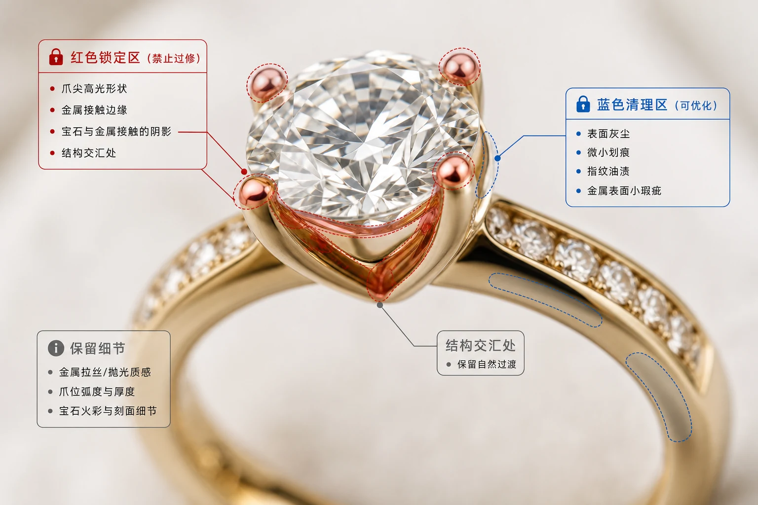 戒指爪镶、戒臂和焊点的可修与不可修标注图