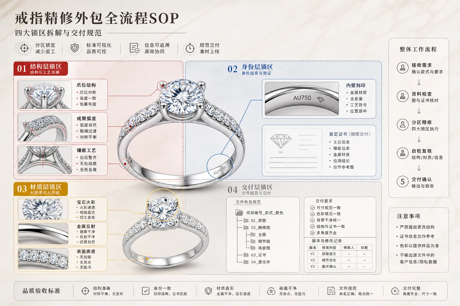 戒指商品图的结构层、身份层、材质层和交付层分区示意