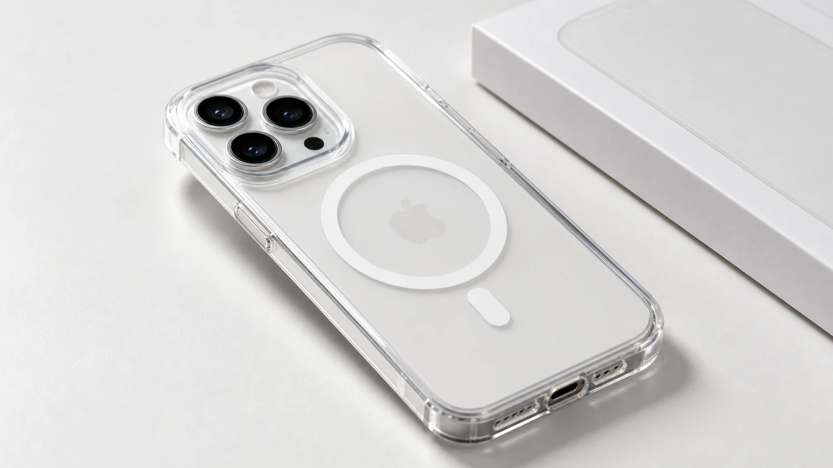 透明 MagSafe 手机壳主图上标出镜头圈、磁吸环、透明边、按键孔和包装卡五个区域