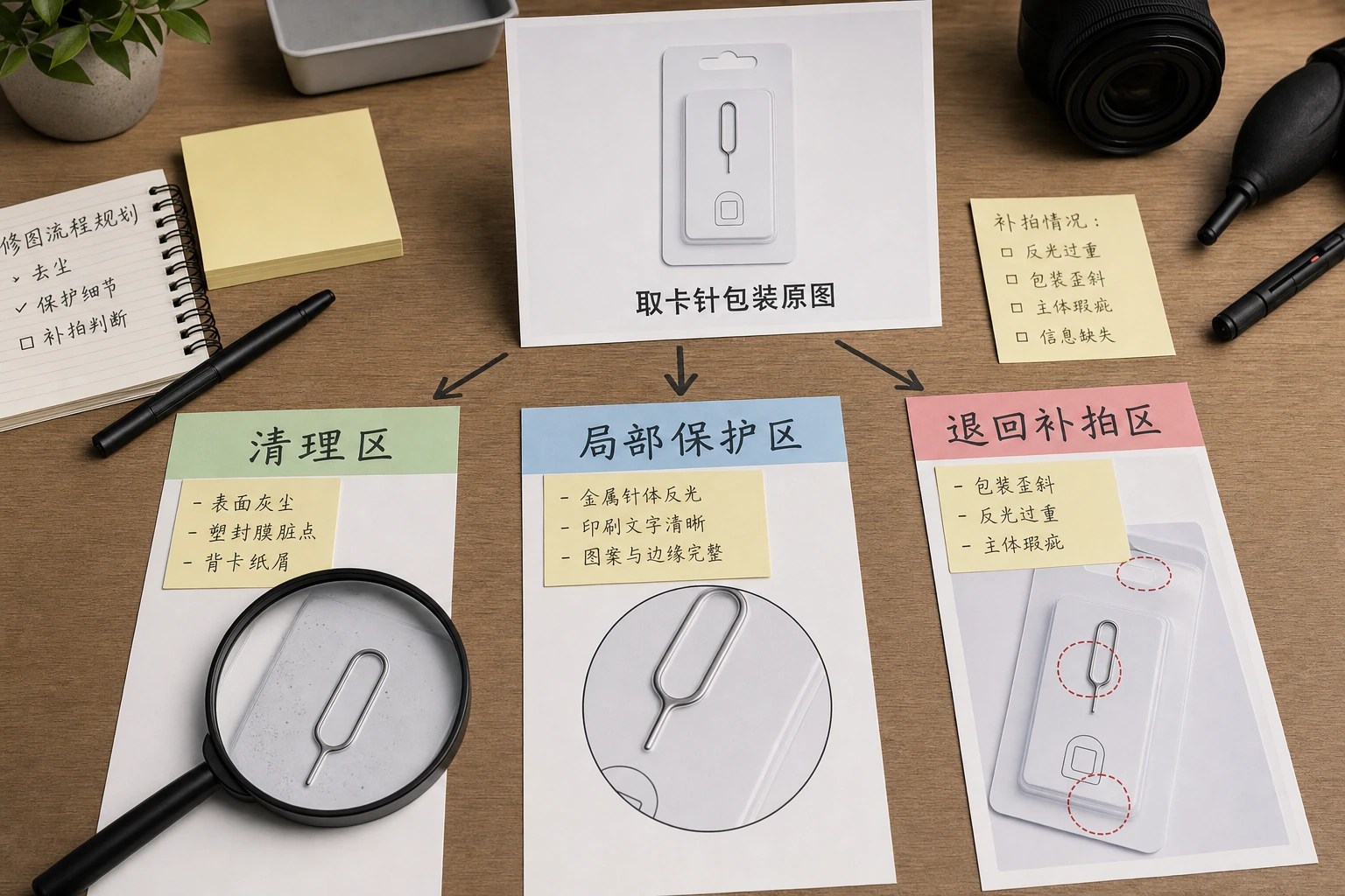 取卡针商品图修图工作台，分为清理、局部保护和退回补拍三条路径