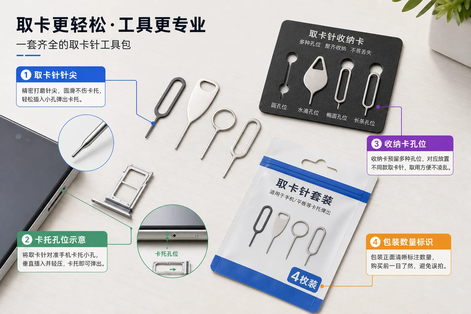手机取卡针套装证据层拆解图，标出针尖、卡托示意、收纳卡和包装数量
