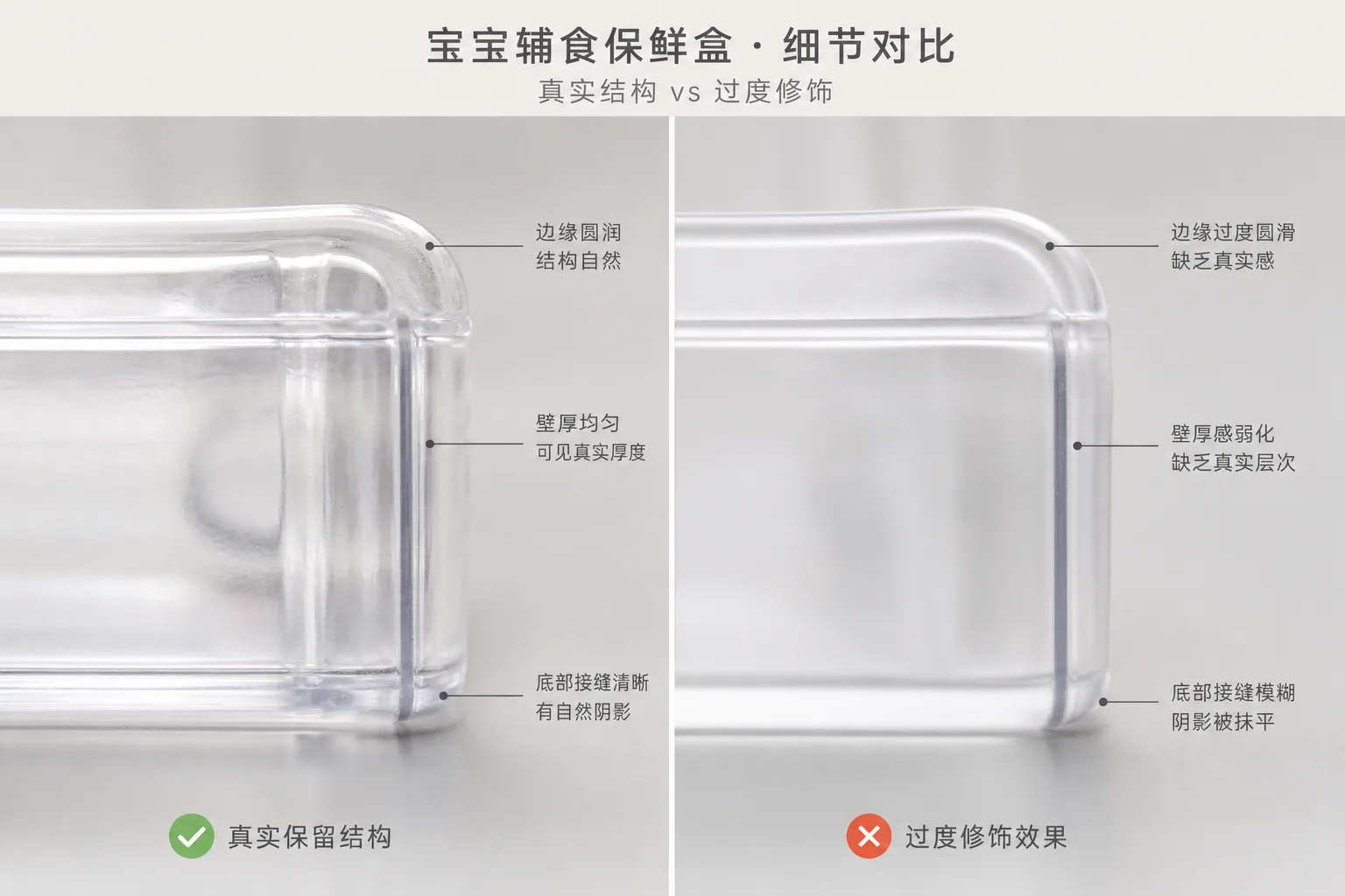 透明辅食盒格仓边缘的圆角厚度和底部接缝细节对比