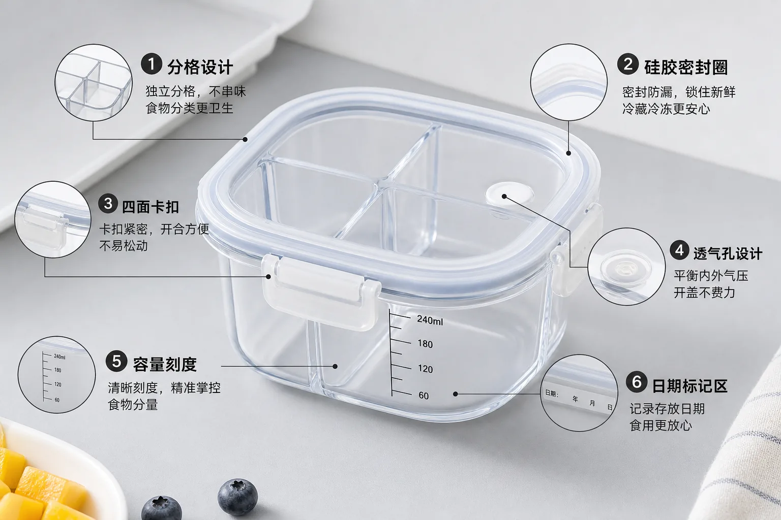 辅食分装盒主图上标出格仓密封圈刻度日期贴等六个锁定区