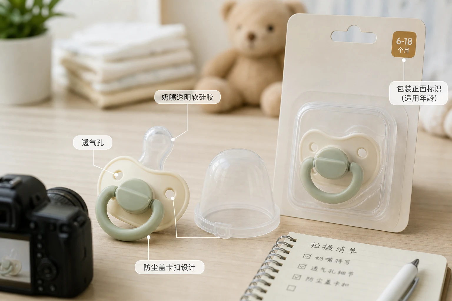 安抚奶嘴商品图放在母婴电商修图工作台上，排气孔、防尘盖、奶嘴头透明度和月龄标识被分区标注