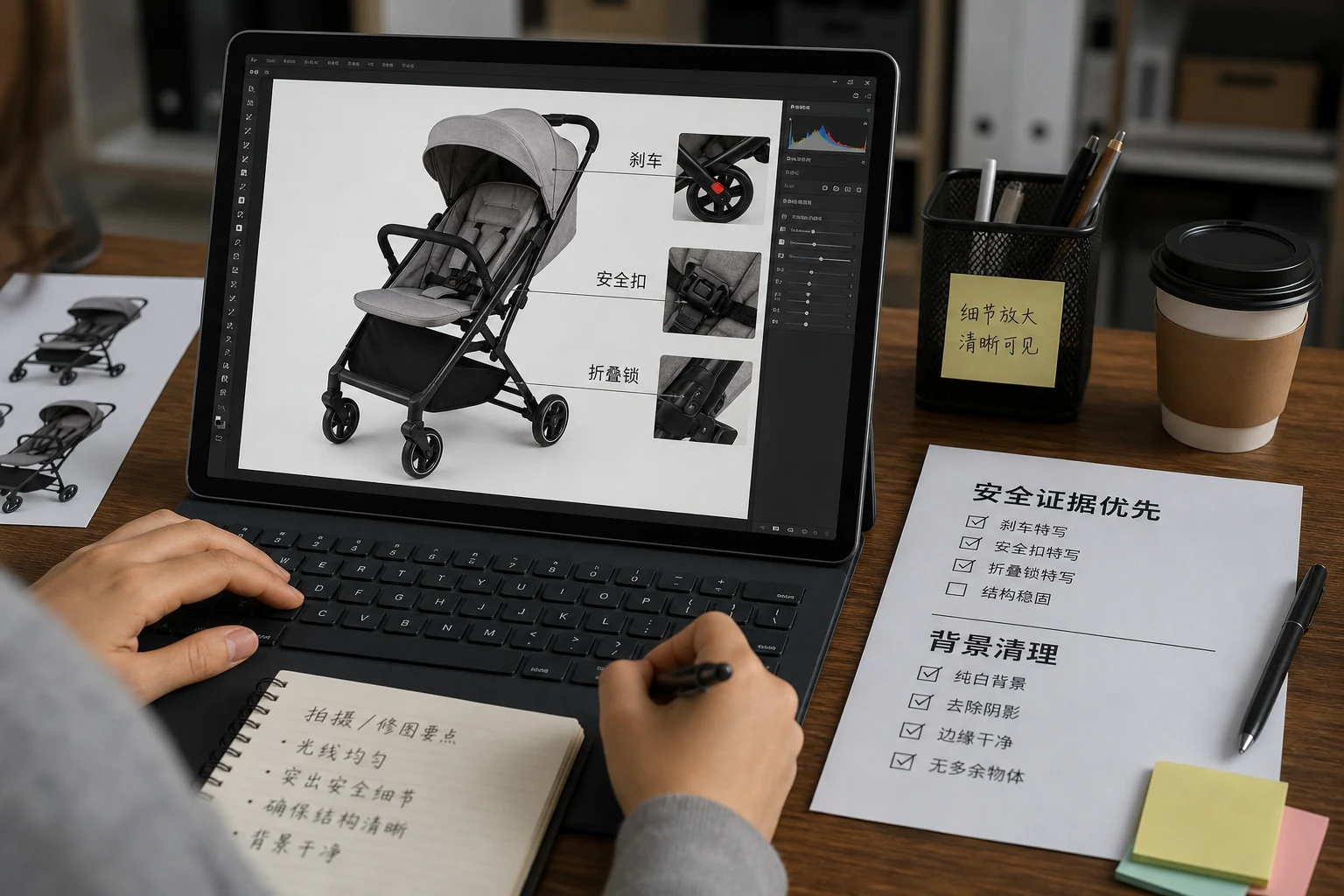 婴儿推车商品图先检查安全证据再做风格修图的工作台流程