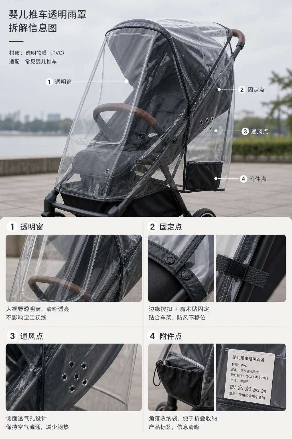 婴儿推车雨罩商品图四区拆解图，标出透明窗、按扣、透气孔和收纳袋
