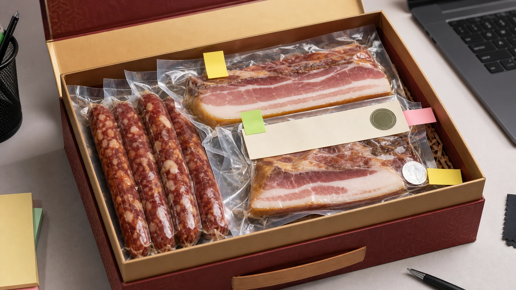 腊味礼盒商品图中肥瘦层真空袋封签和产地码的证据区域