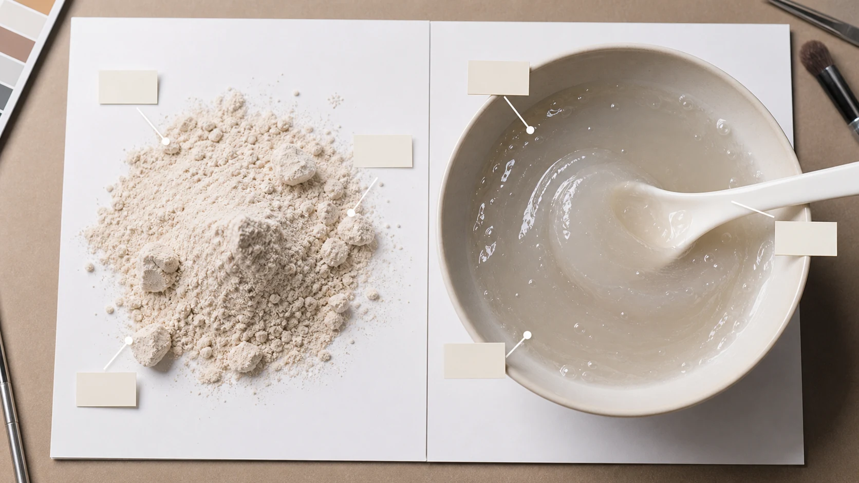 藕粉干粉结块和冲调碗状态对比板展示可清理区与必须保留的黏稠边缘