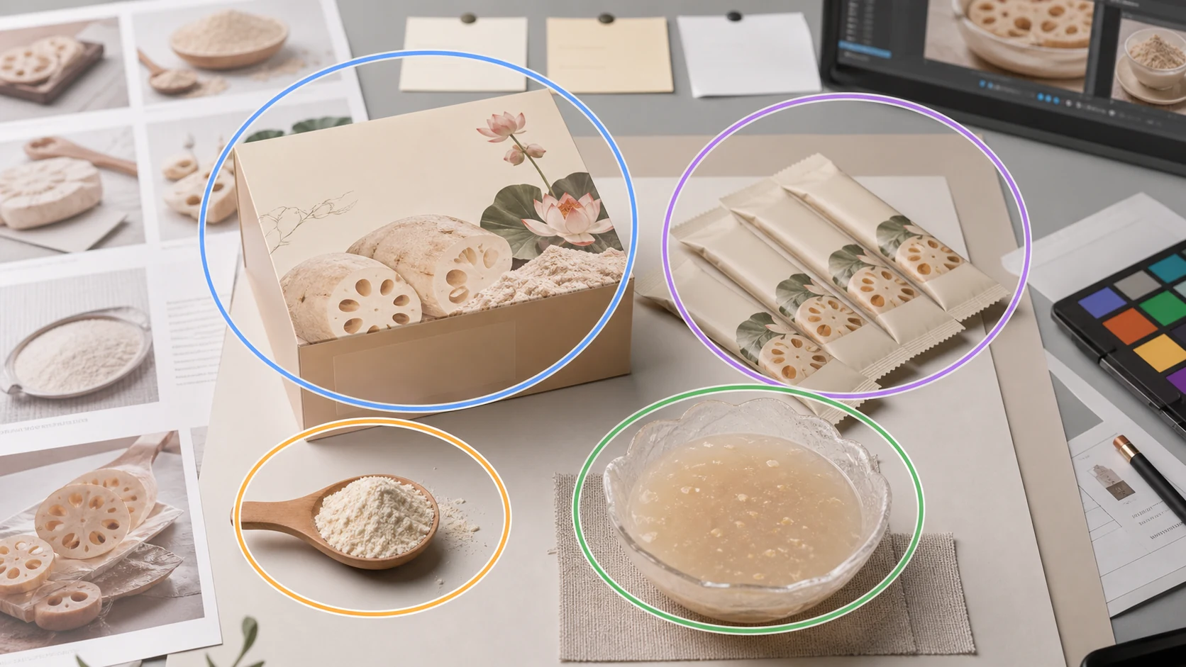 藕粉小袋装商品图工作台上标出粉体色结块颗粒冲调碗和内袋封口四区