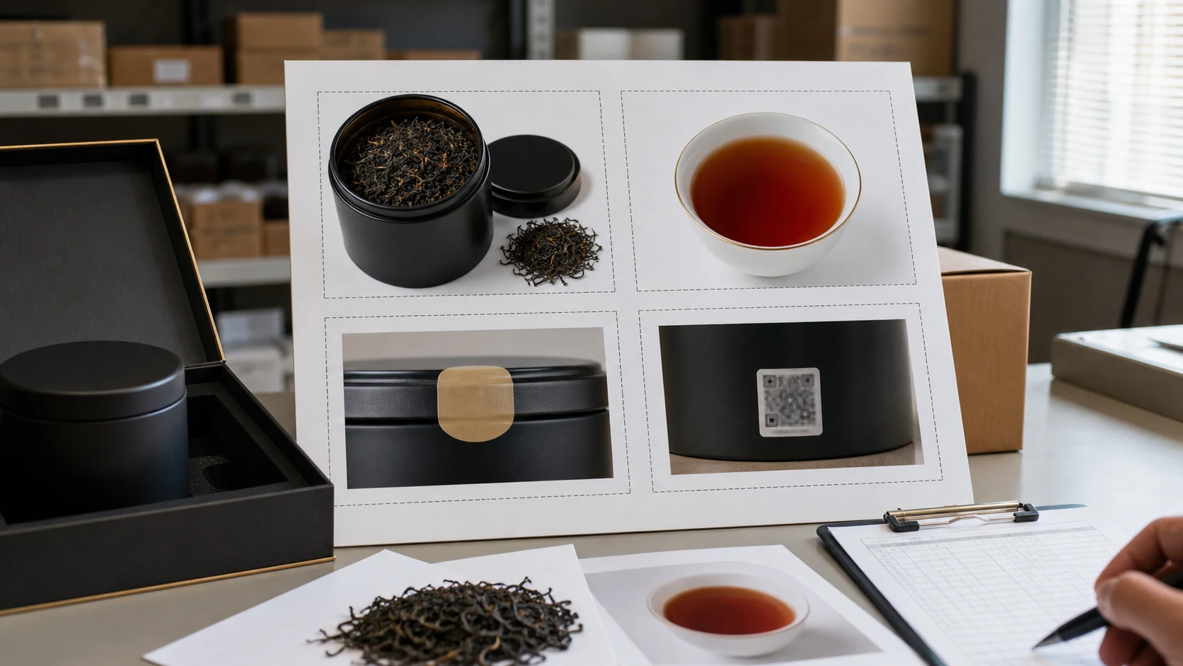 红茶礼盒返检总图展示干茶茶汤封签和溯源码四个检查区