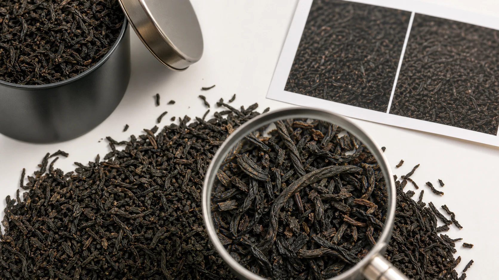 红茶干茶局部特写对比条索碎末和 AI 过度降噪区域