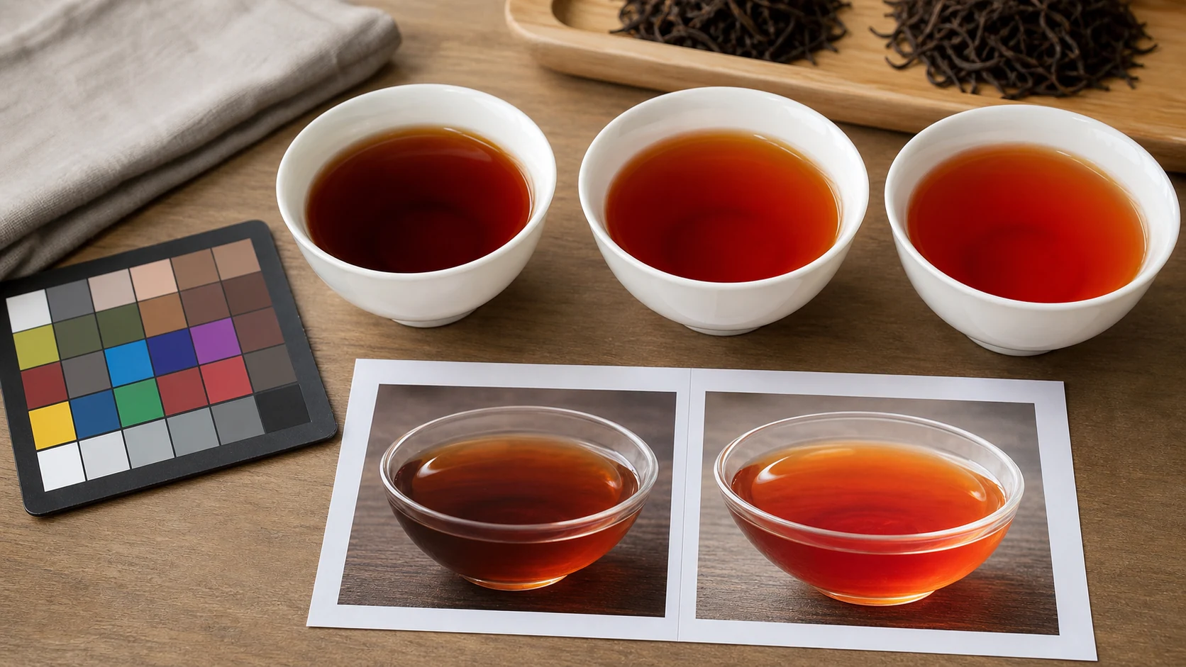 红茶茶汤色返检图展示白瓷杯色卡和修前修后深浅对比