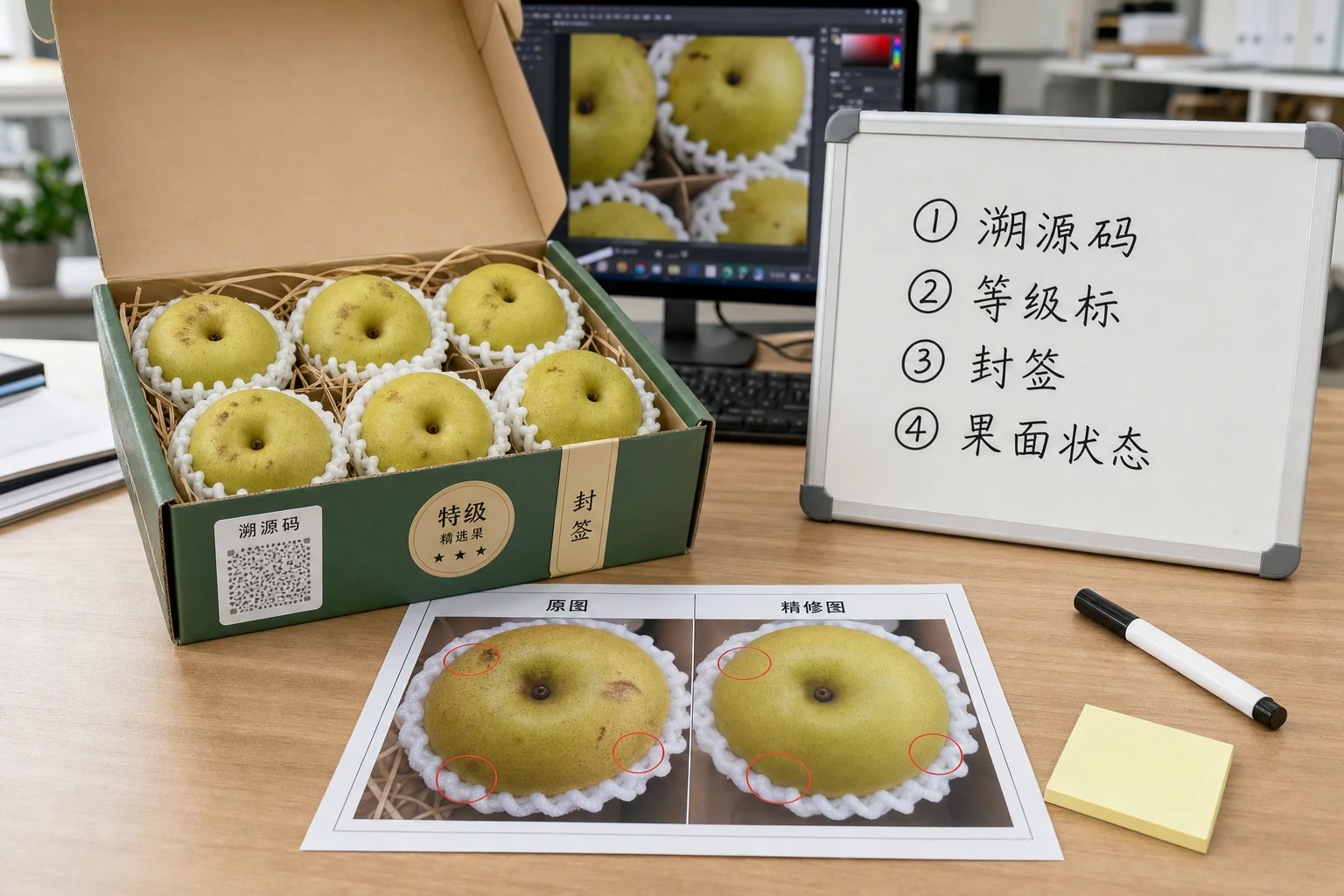 原产地农产品客服复核台展示溯源码等级标封签和果面压痕
