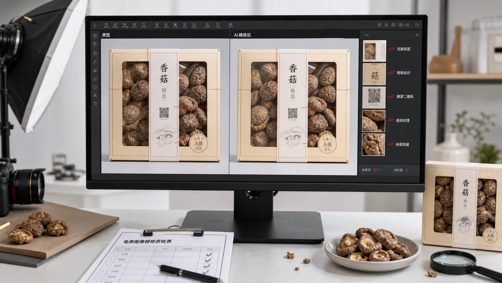 菌菇干货礼盒返检工作台展示原图、AI 修后图、包装标签和溯源码对照