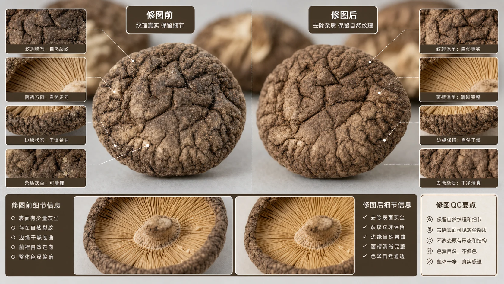 菌盖、菌褶和干燥纹理的局部放大对比，标出可清理灰点与不可磨平纹理