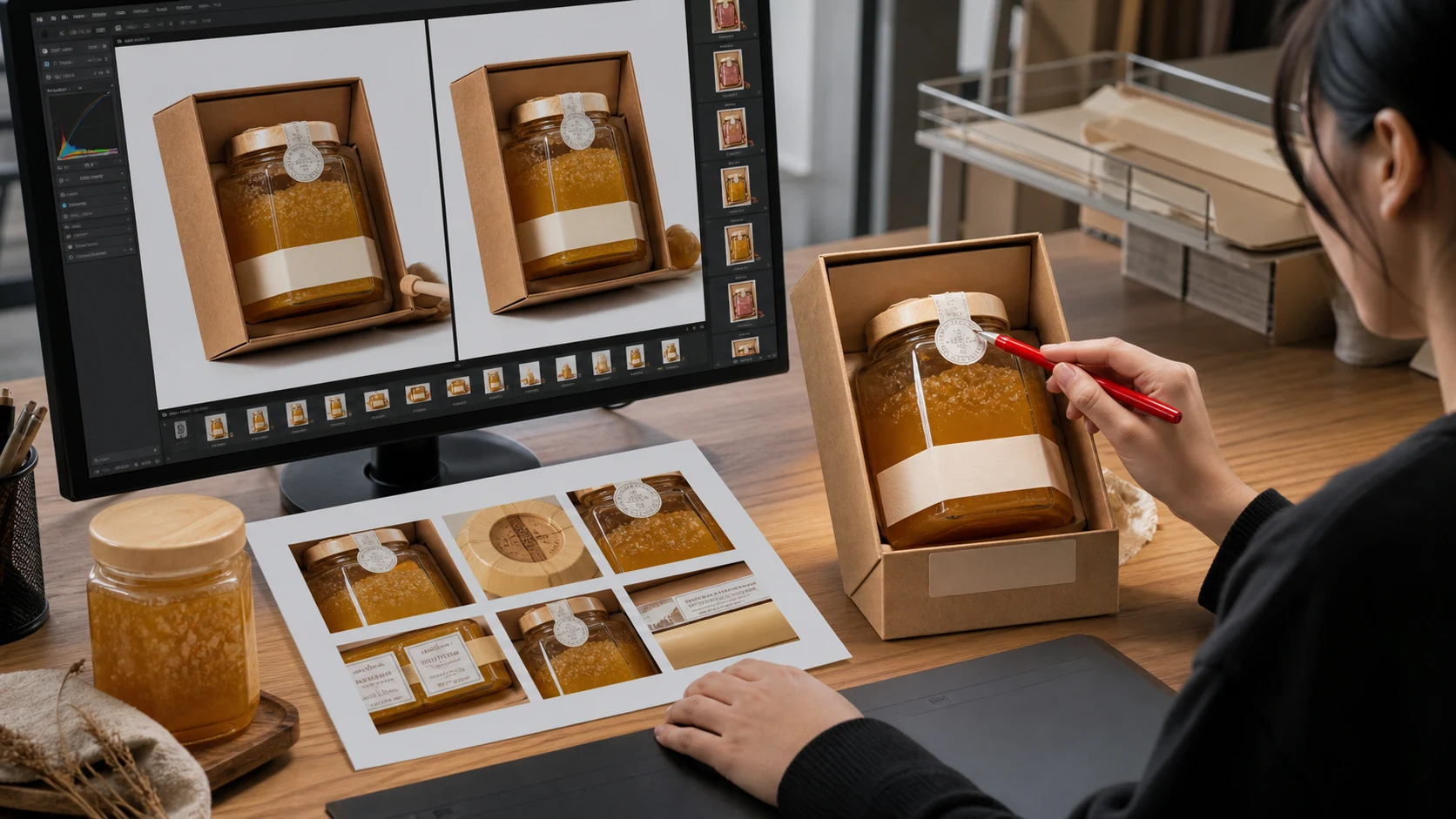 原产地蜂蜜礼盒商品图返检工作台展示结晶封签溯源码和外盒标签