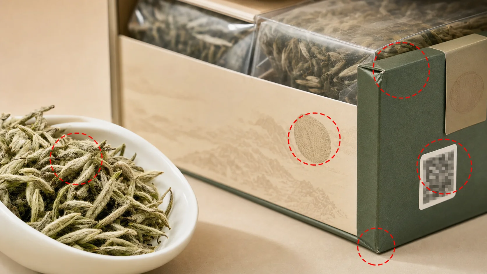 茶叶礼盒商品图中茶毫、等级章、溯源码和封签的局部证据区