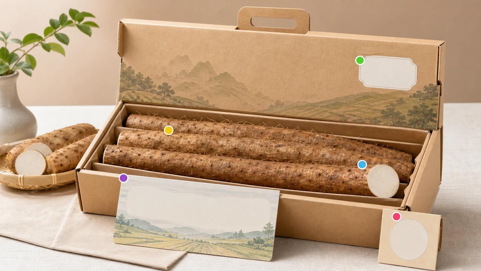 山药礼盒商品图证据区总览展示整盒摆放毛须泥线断面和产地标签