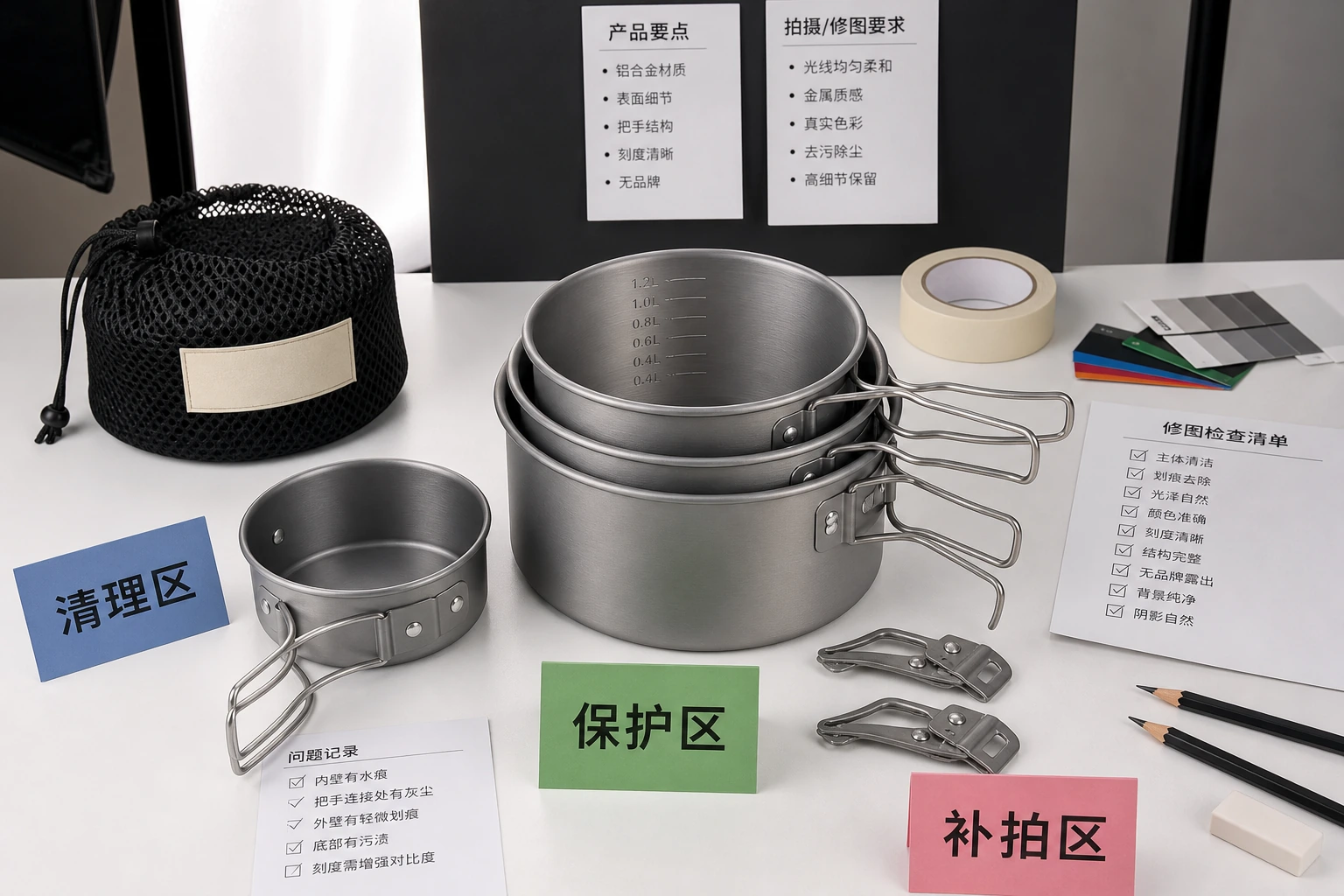 露营锅具套装修图工作台，外锅、内锅、把手铆钉、锅内刻度和收纳袋被分区标注