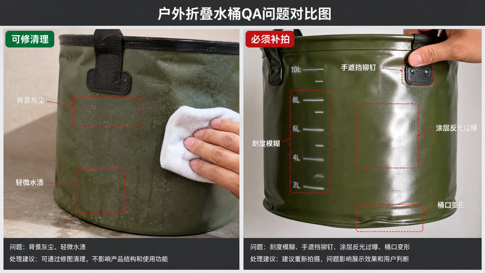 折叠水桶局部对照：可修清理与必须补拍的商品证据