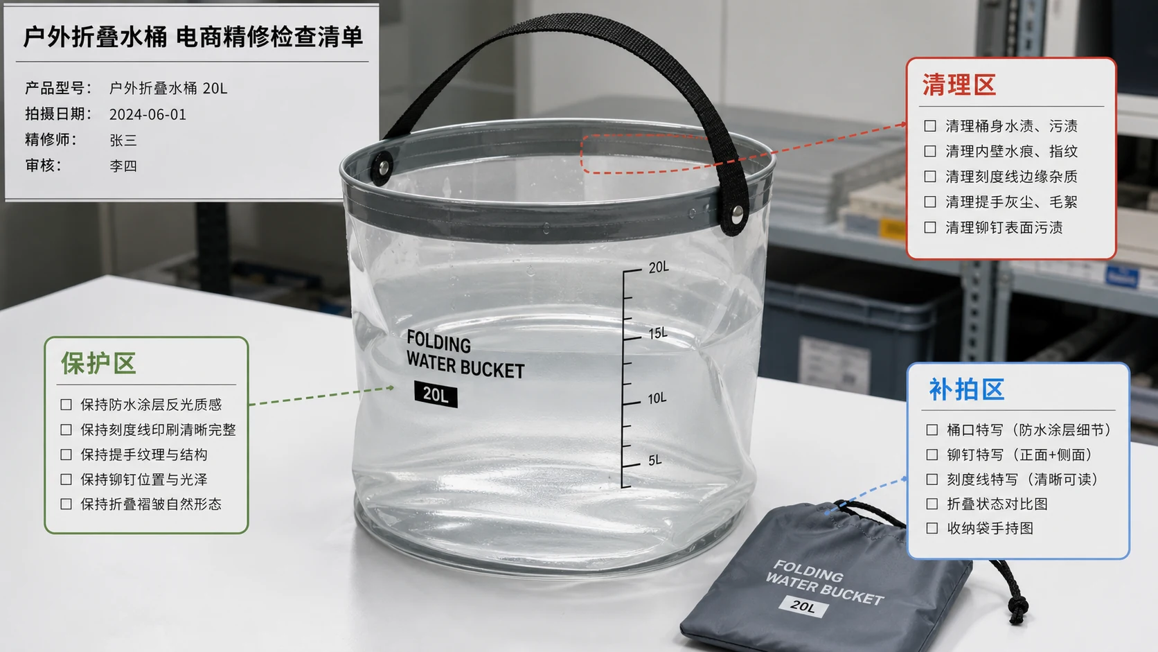 折叠水桶商品图三层分区标注：清理区、保护区和补拍区
