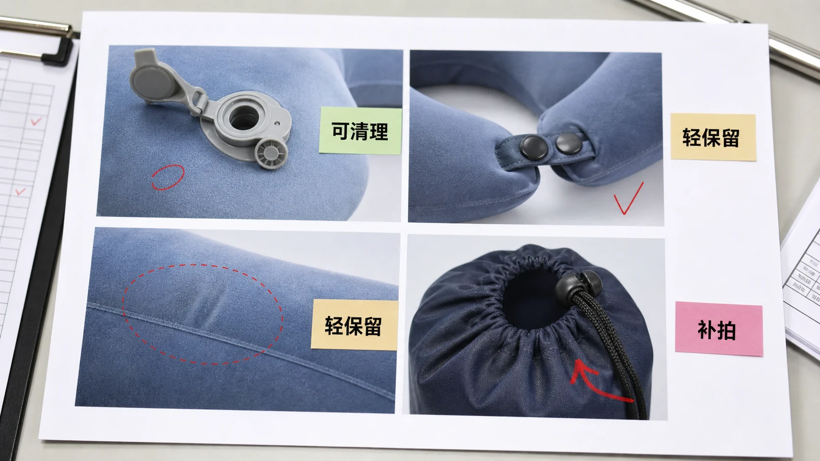 旅行充气颈枕气嘴按扣绒面缝线和收纳袋局部检查板