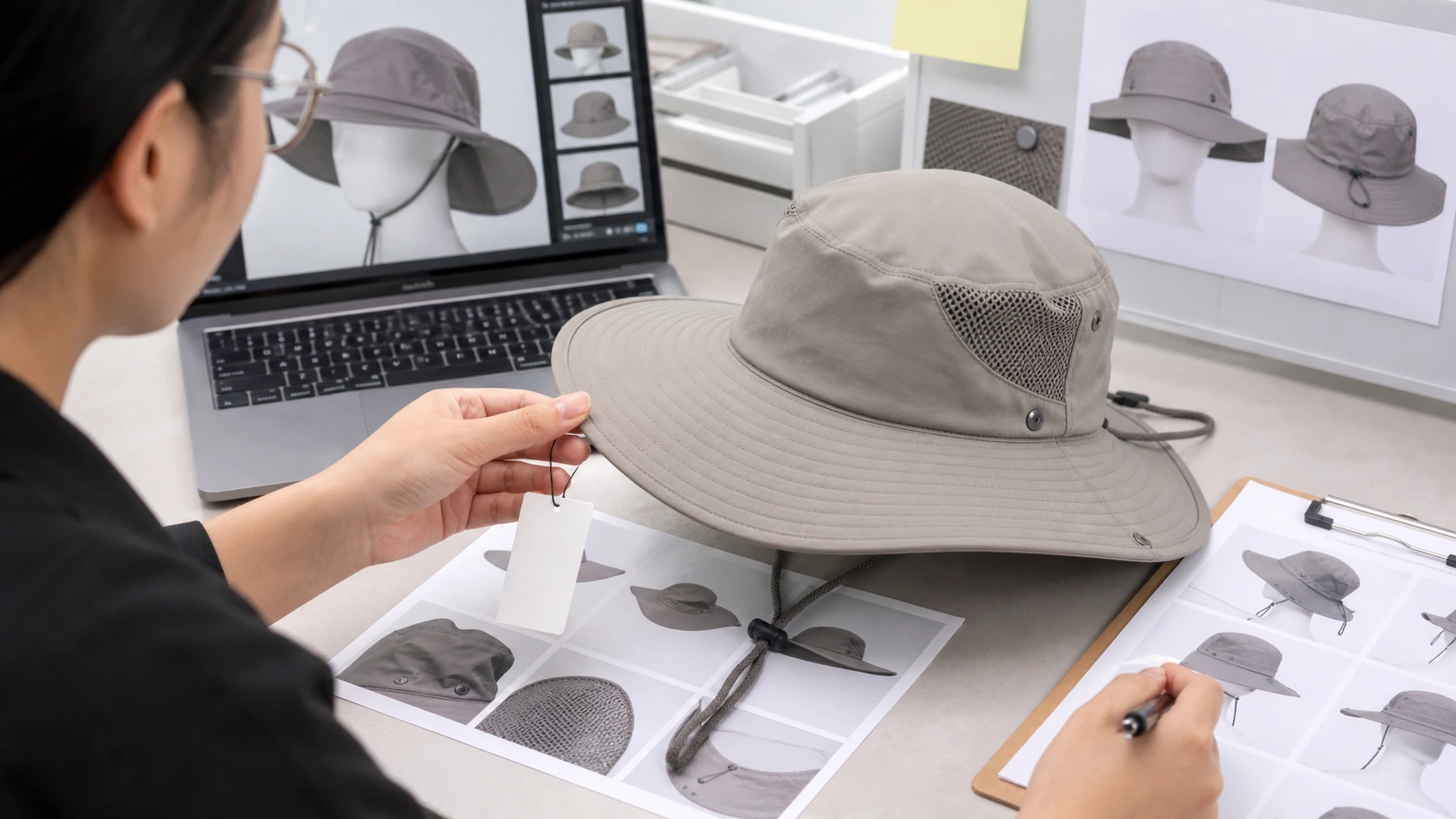 户外防晒帽商品图 AI 修图返检工作台展示帽檐、网眼、UPF 标识和人台预览