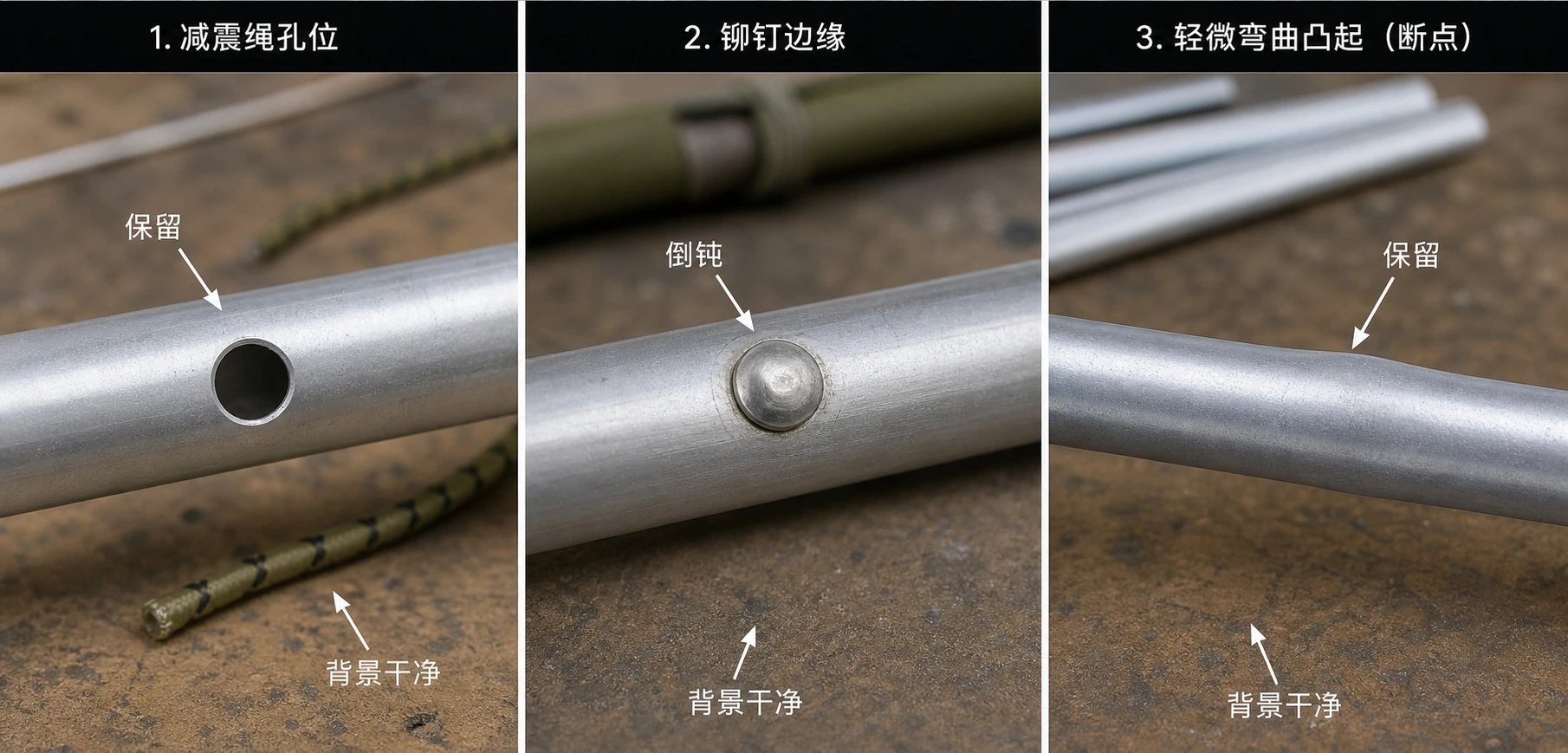 质检板上分区展示帐篷杆弹力绳孔、铆点和弯折痕的保留要点