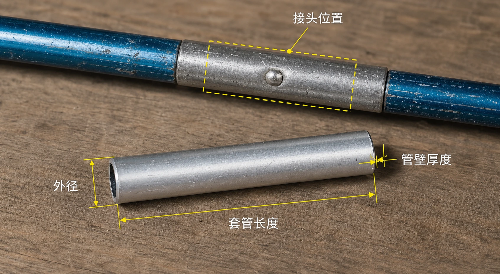 帐篷杆修补套与旧帐杆并排摆放，标出外径、管口壁厚和套管长度